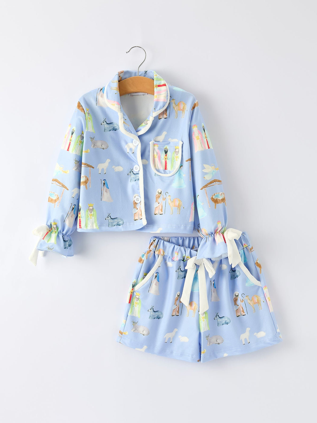 Rylee Faith Designs - Blue Christmas Nativity Pattern Girls Pajamas Set - alternate view 6