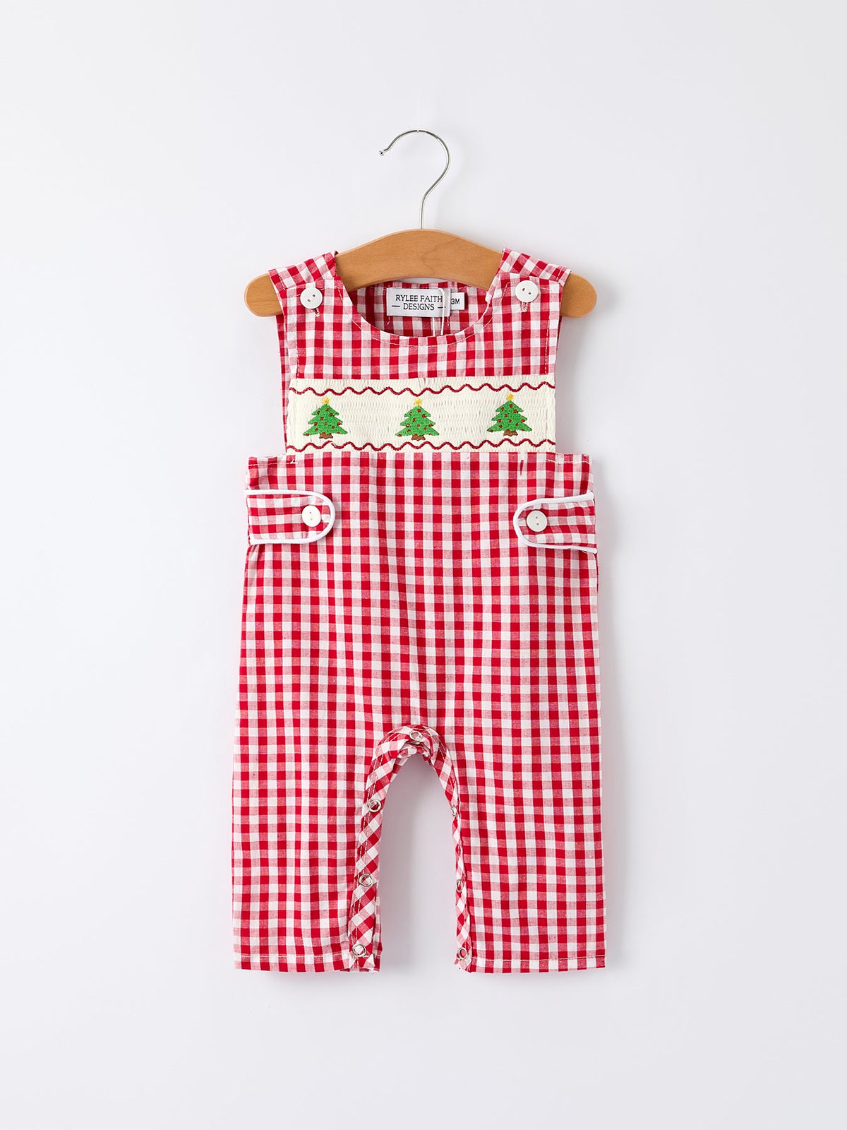 Rylee Faith Designs - Christmas Smocking Embroidered Christmas Tree Plaid Plaid Baby Boy Romper - alternate view 5