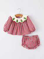 Rylee Faith Designs - Christmas Tree Embroidery Red Gingham Long Sleeve Baby Girl Bloomers Set - alternate view 7