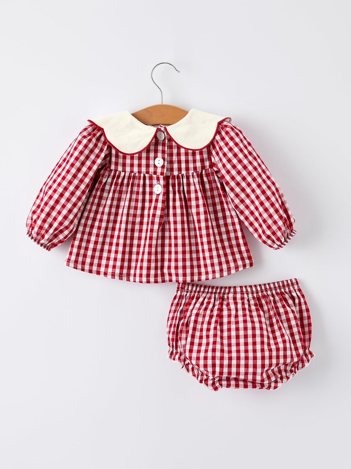 Rylee Faith Designs - Christmas Tree Embroidery Red Gingham Long Sleeve Baby Girl Bloomers Set - alternate view 8