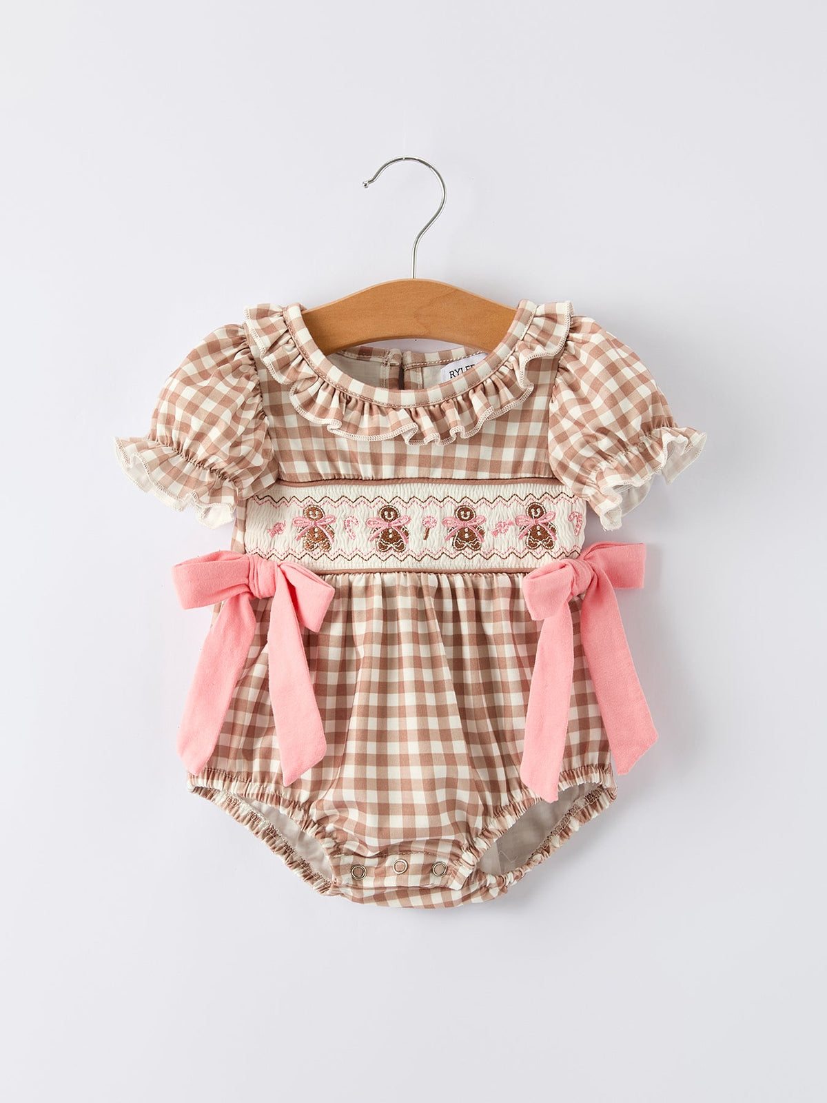 Rylee Faith Designs - Christmas Vintage-Style Plaid Embroidered Gingerbread and Bows Girls Romper - alternate view 6