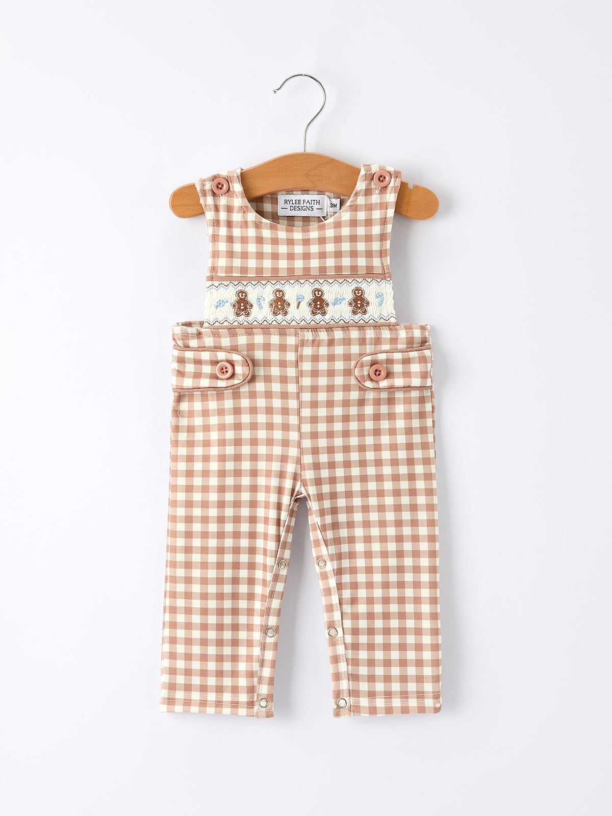 Rylee Faith Designs - Christmas Vintage-Style Plaid Embroidered Gingerbread and Bows Boy Romper - alternate view 6