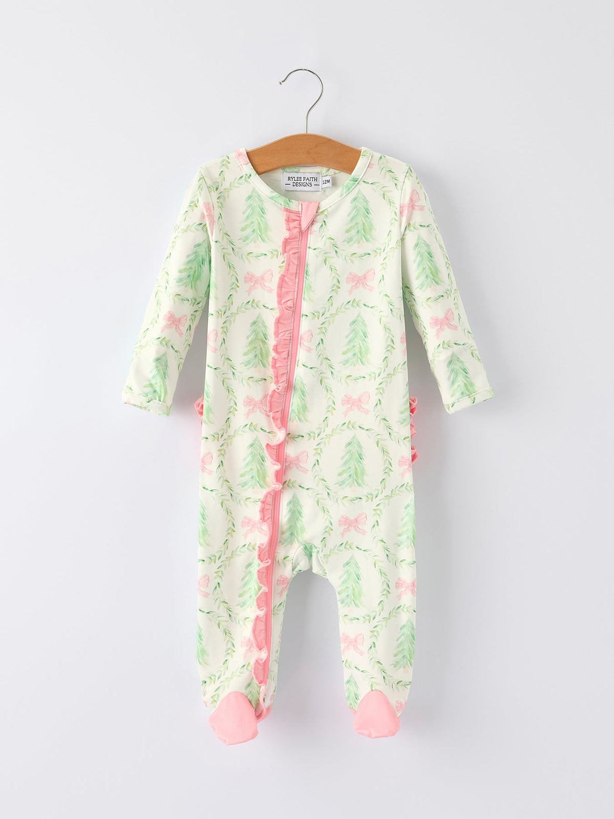 Rylee Faith Designs - Christmas Tree Wreath Print Long Sleeve Zip Baby Girls Romper - alternate view 5