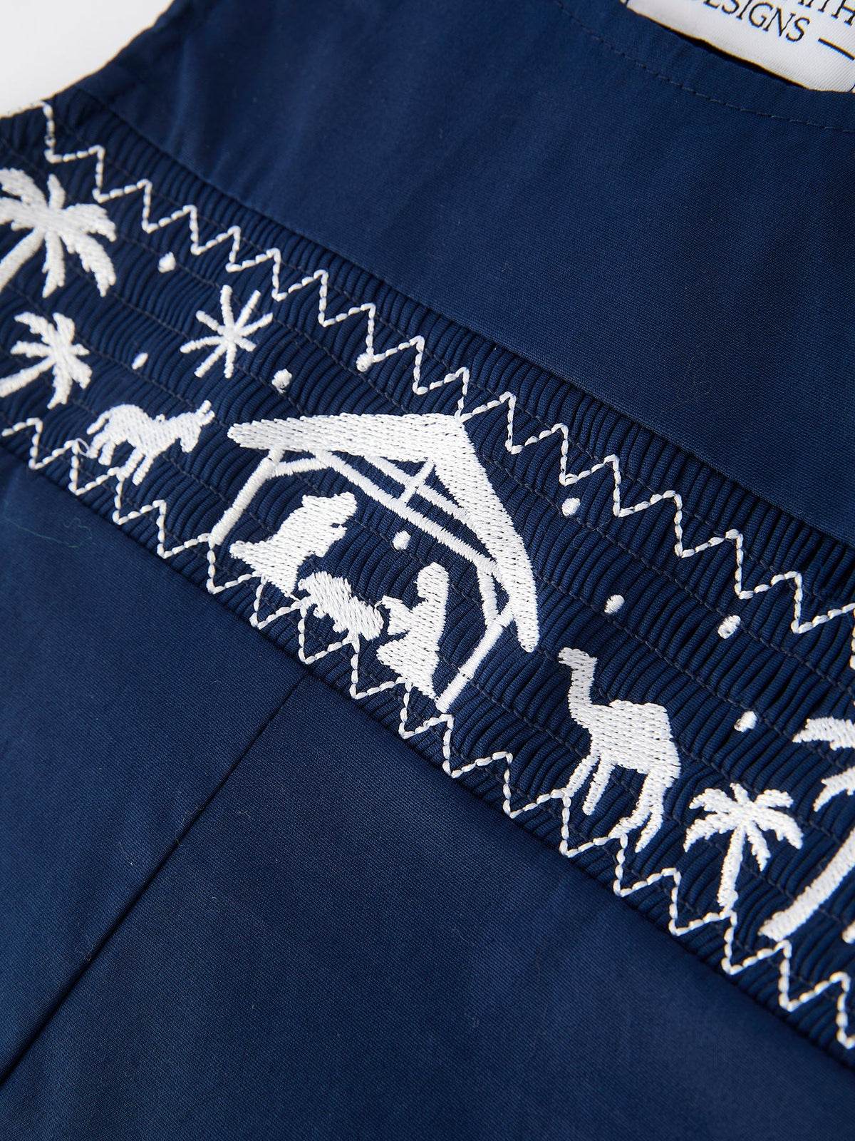 Rylee Faith Designs - Christmas Navy Blue Nativity Smocking Embroidered Baby Boy Romper - alternate view 4