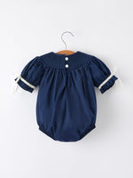 Rylee Faith Designs - Navy Blue Nativity Smocking Embroidered Baby Girls Christmas Romper - alternate view 2