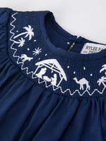 Rylee Faith Designs - Navy Blue Nativity Smocking Embroidered Baby Girls Christmas Romper - alternate view 3