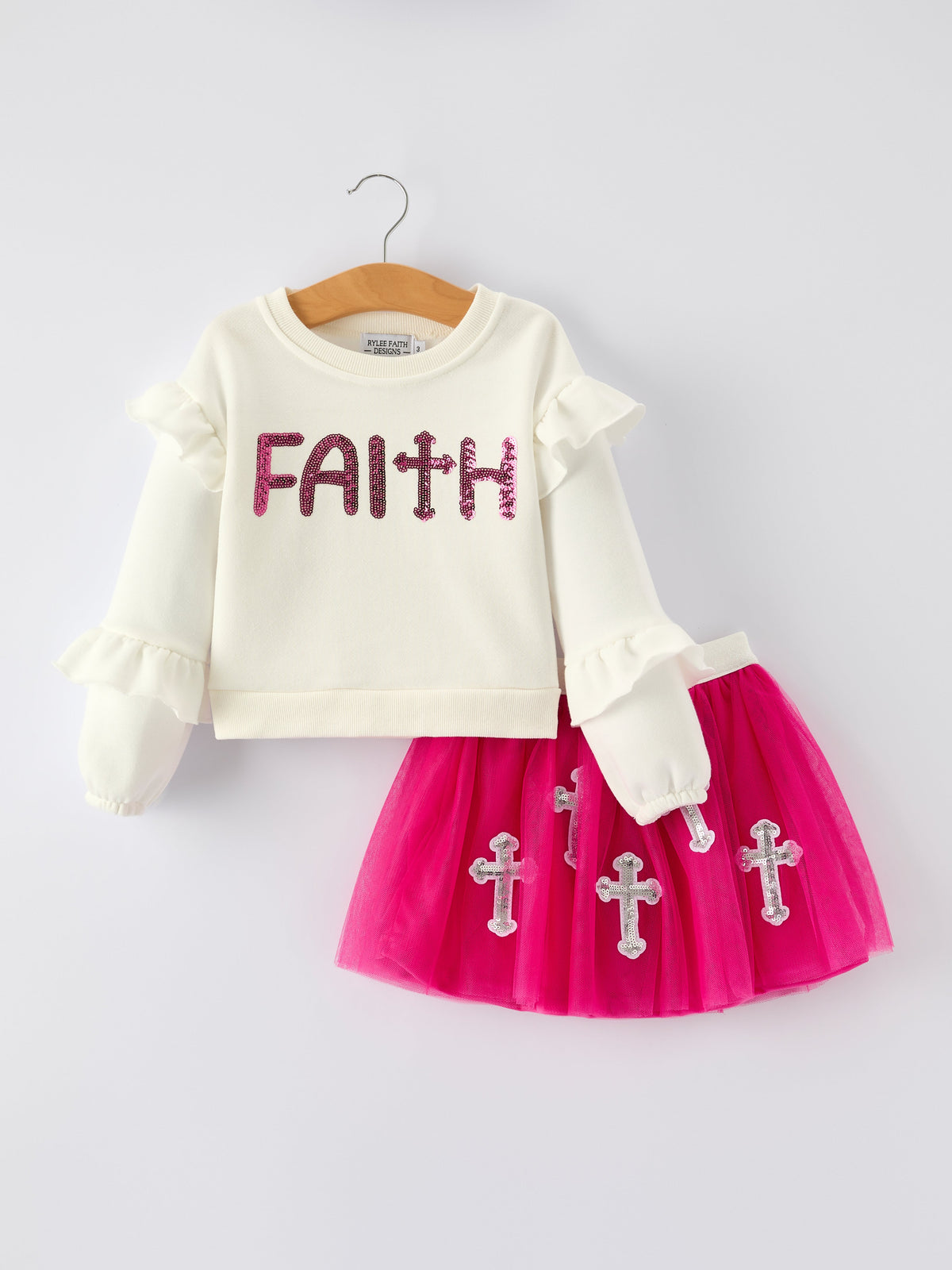 Rylee Faith Designs - Girls Christian Outfit – Long Sleeve Faith Top & Pink Cross Mesh Skirt