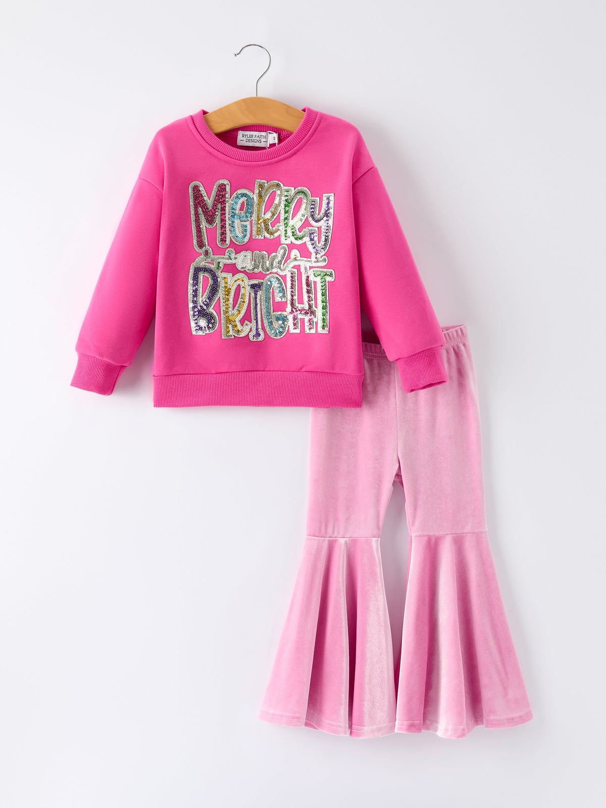 Rylee Faith Designs - Toddler Girls Christmas Outfit – Pink Merry Bright Top and Bell Pants
