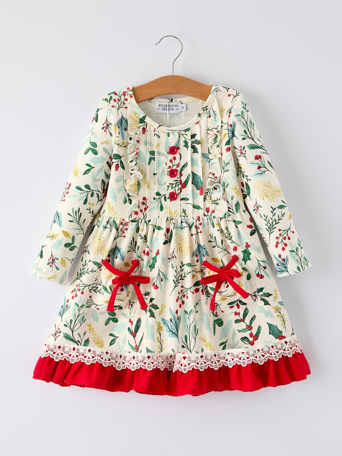 Rylee Faith Designs - Toddler Girls Christmas Dress – Holiday Floral Print Outfit with Pockets
