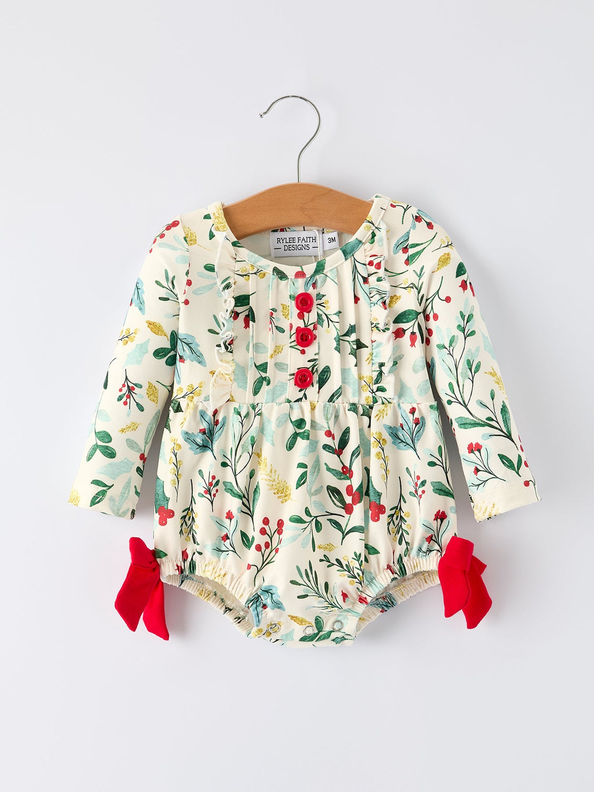 Rylee Faith Designs - Baby Girls Christmas Romper – Holiday Bow Long Sleeve Outfit
