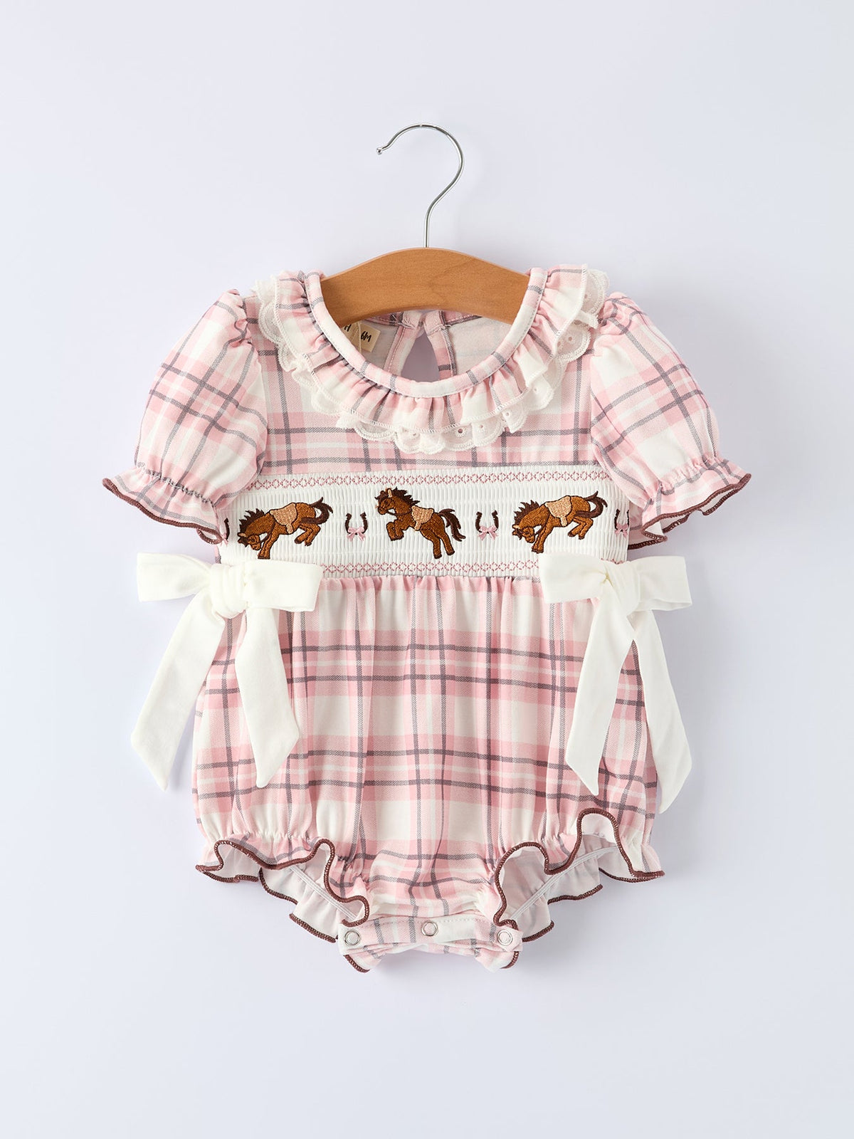 Rylee Faith Designs - Western Horse Embroidered Smocked Plaid Baby Girl Romper - alternate view 6