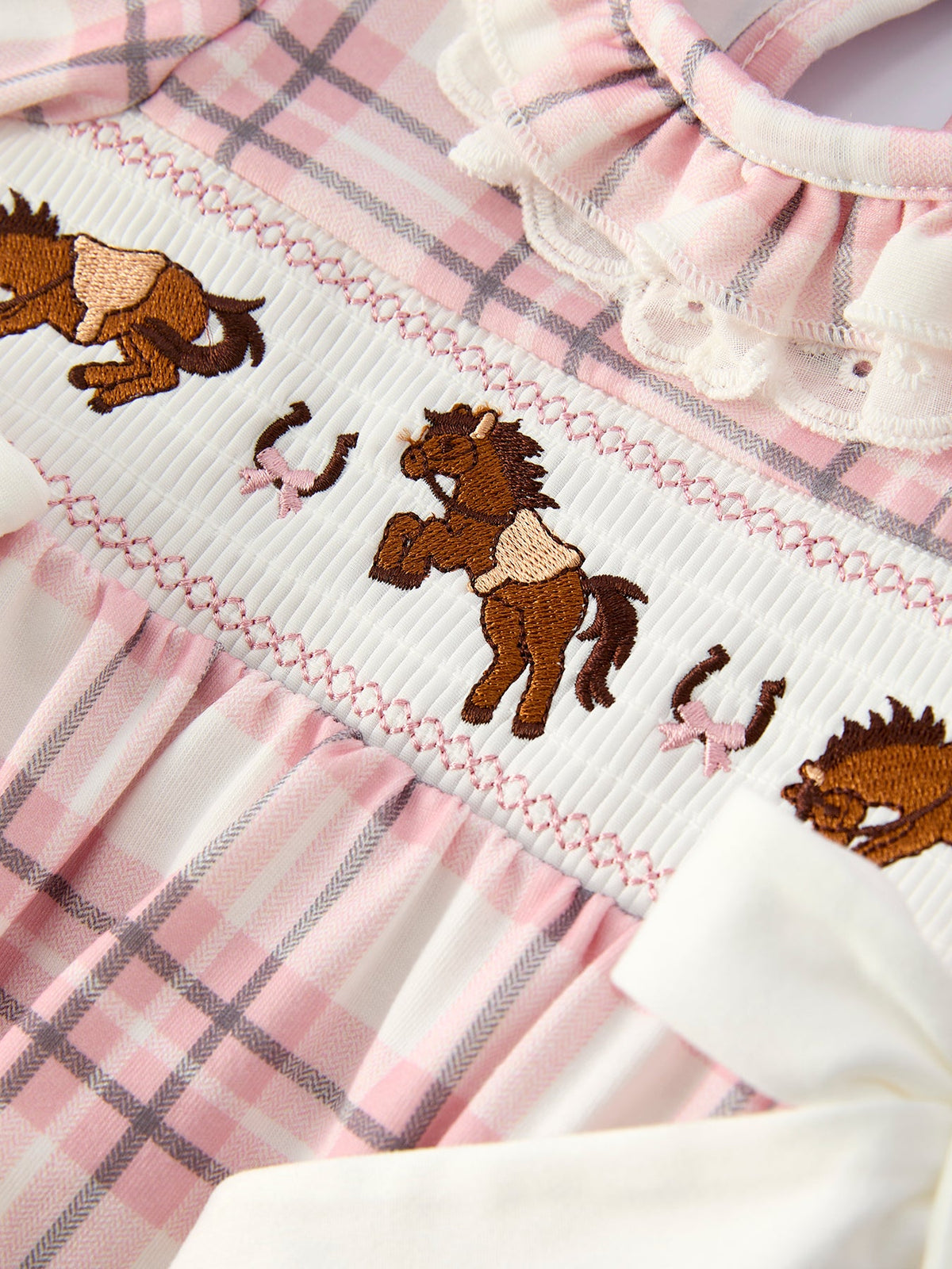 Rylee Faith Designs - Western Horse Embroidered Smocked Plaid Baby Girl Romper - alternate view 8