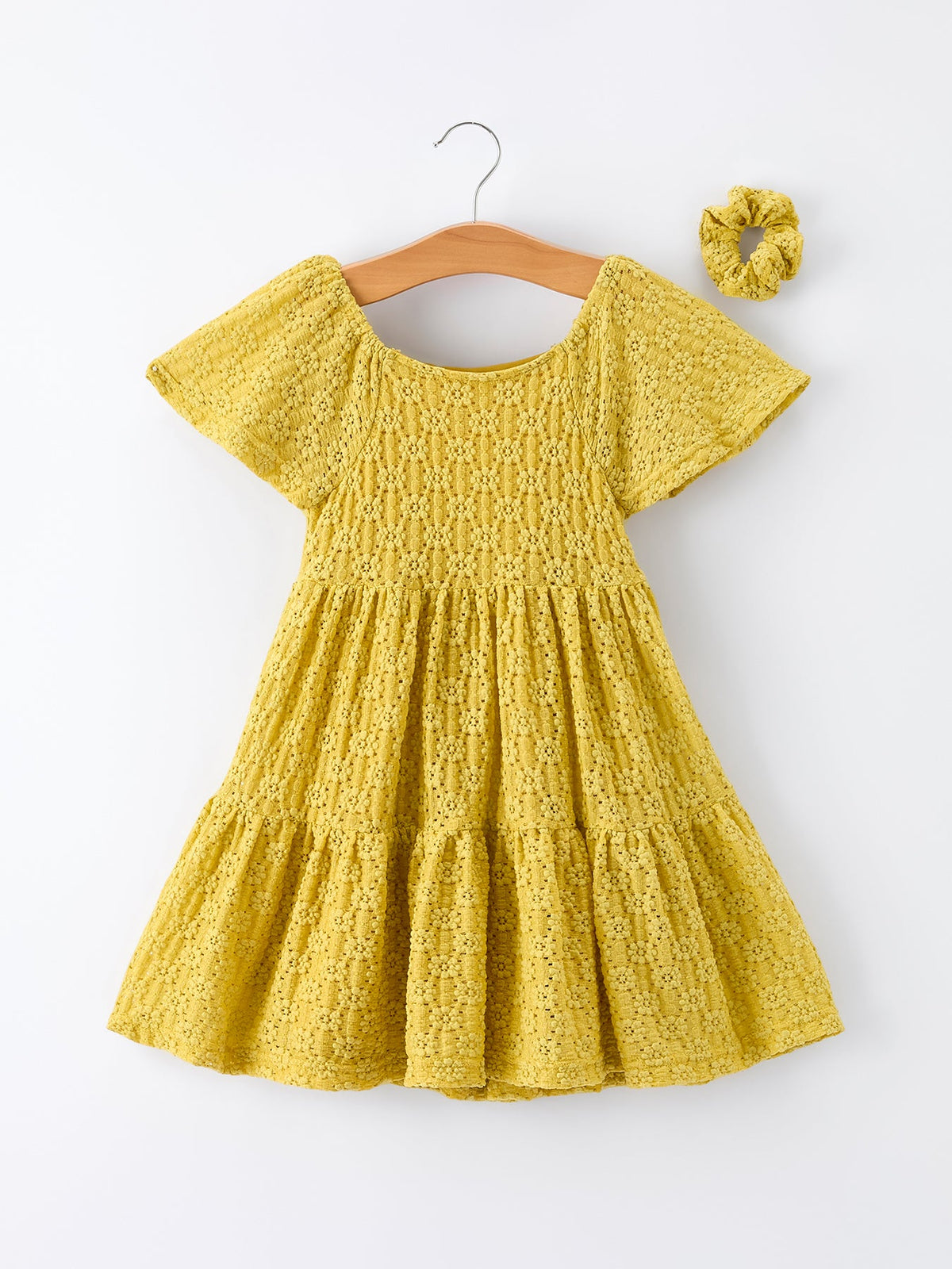 Rylee Faith Designs - Spring Solid Girls Lace Tiered Dress With Scrunchie