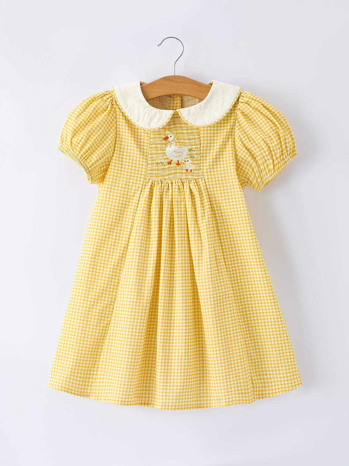 Rylee Faith Designs - Yellow Goose Embroidered Smocked Plaid Dress