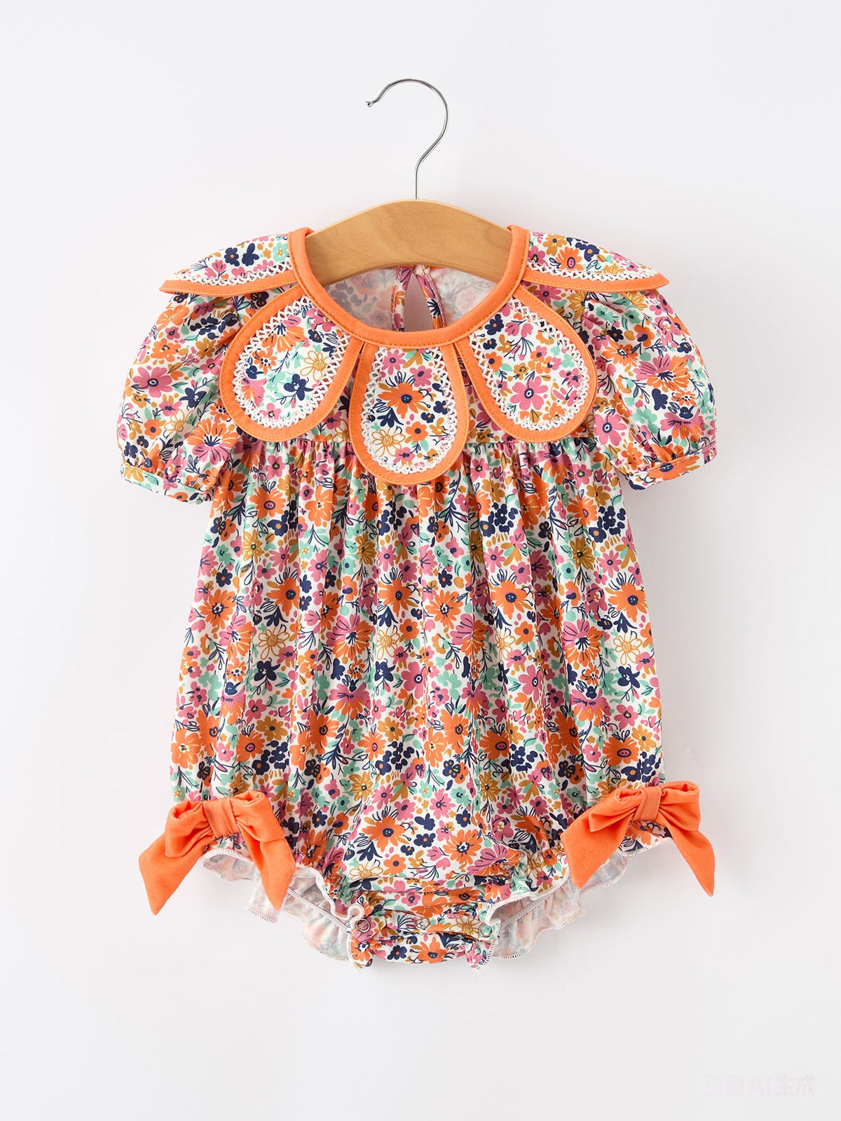 Rylee Faith Designs - Orange Floral Bow Petals Collar Girls Romper