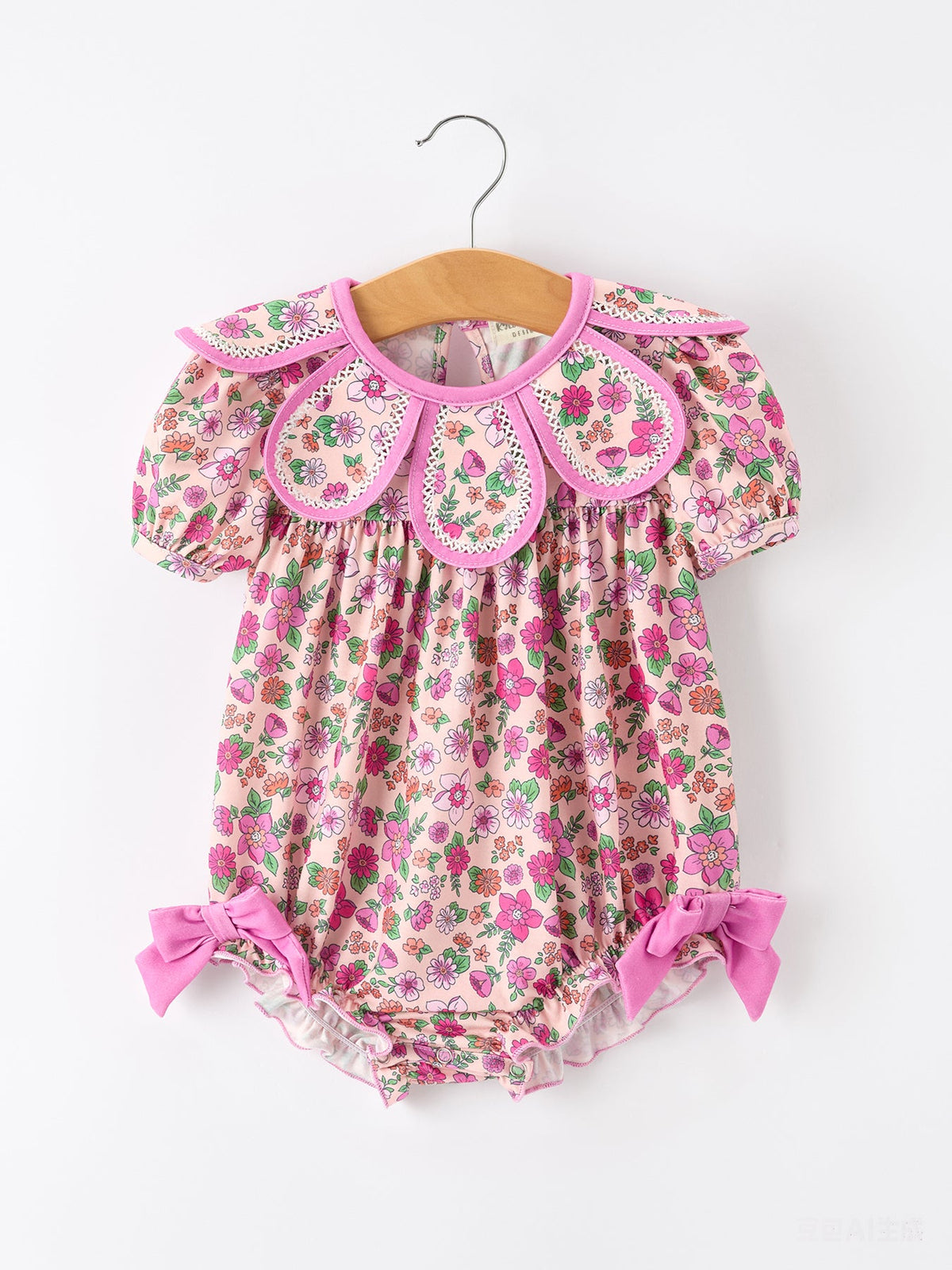 Rylee Faith Designs - Pink Floral Bow Petals Collar Girls Romper