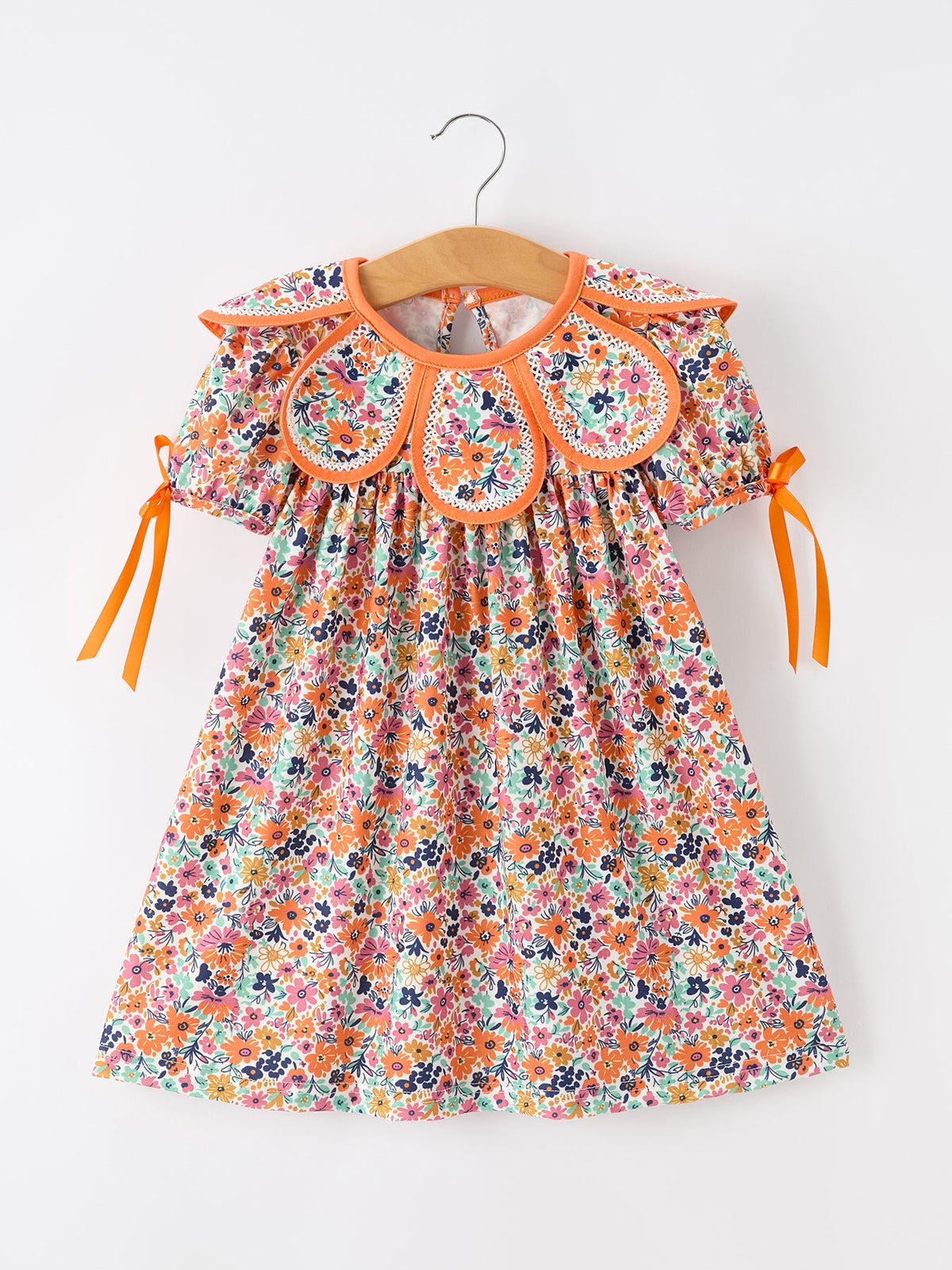 Rylee Faith Designs - Orange Floral Bow Petals Collar Girls Dress
