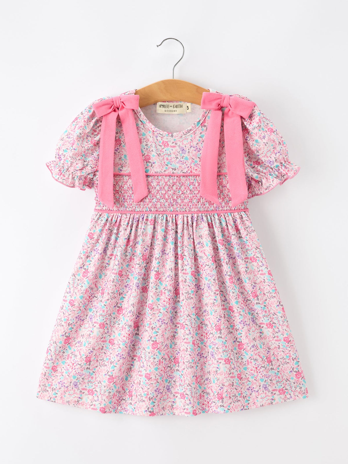 Rylee Faith Designs - Pink Bow Smocked Floral Girl Dress