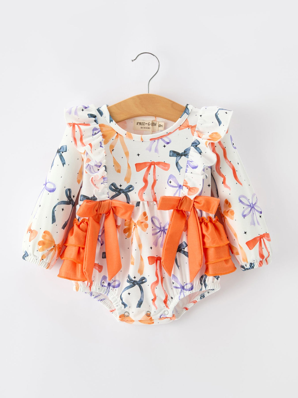 Rylee Faith Designs - Halloween Bow Print Girls Romper Ruffle Bow Long Sleeve - alternate view 6
