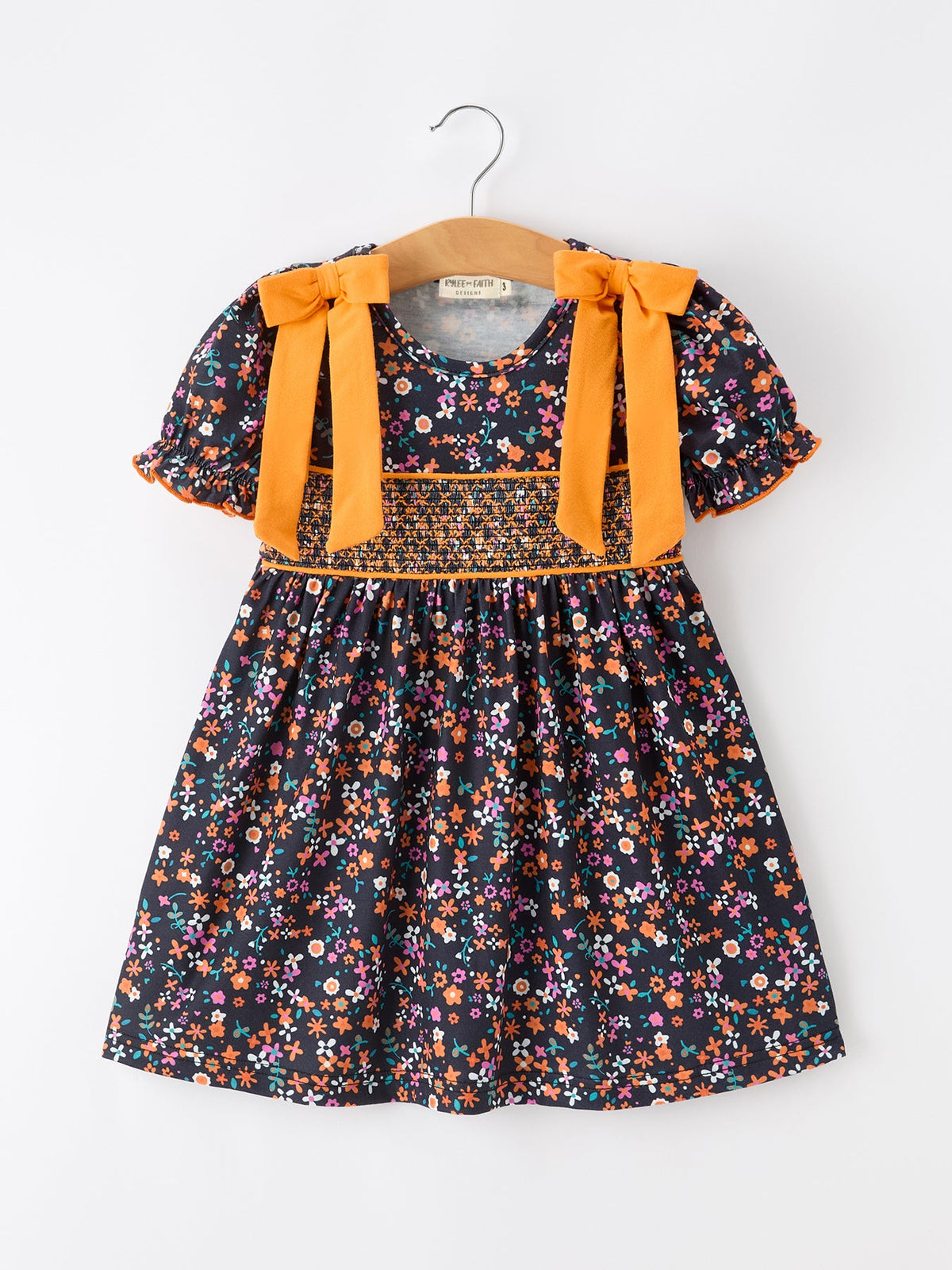 Rylee Faith Designs - Fall Orange Bow Smocked Floral Girl Dress