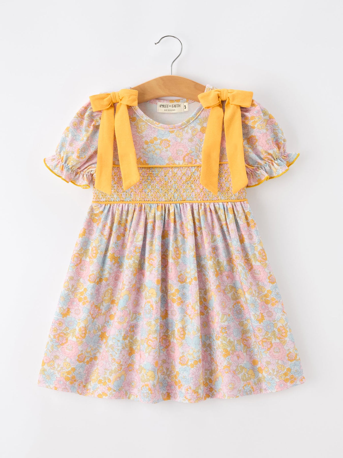 Rylee Faith Designs - Yellow Bow Smocked Floral Girl Dress