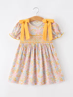 Rylee Faith Designs - Yellow Bow Smocked Floral Girl Dress