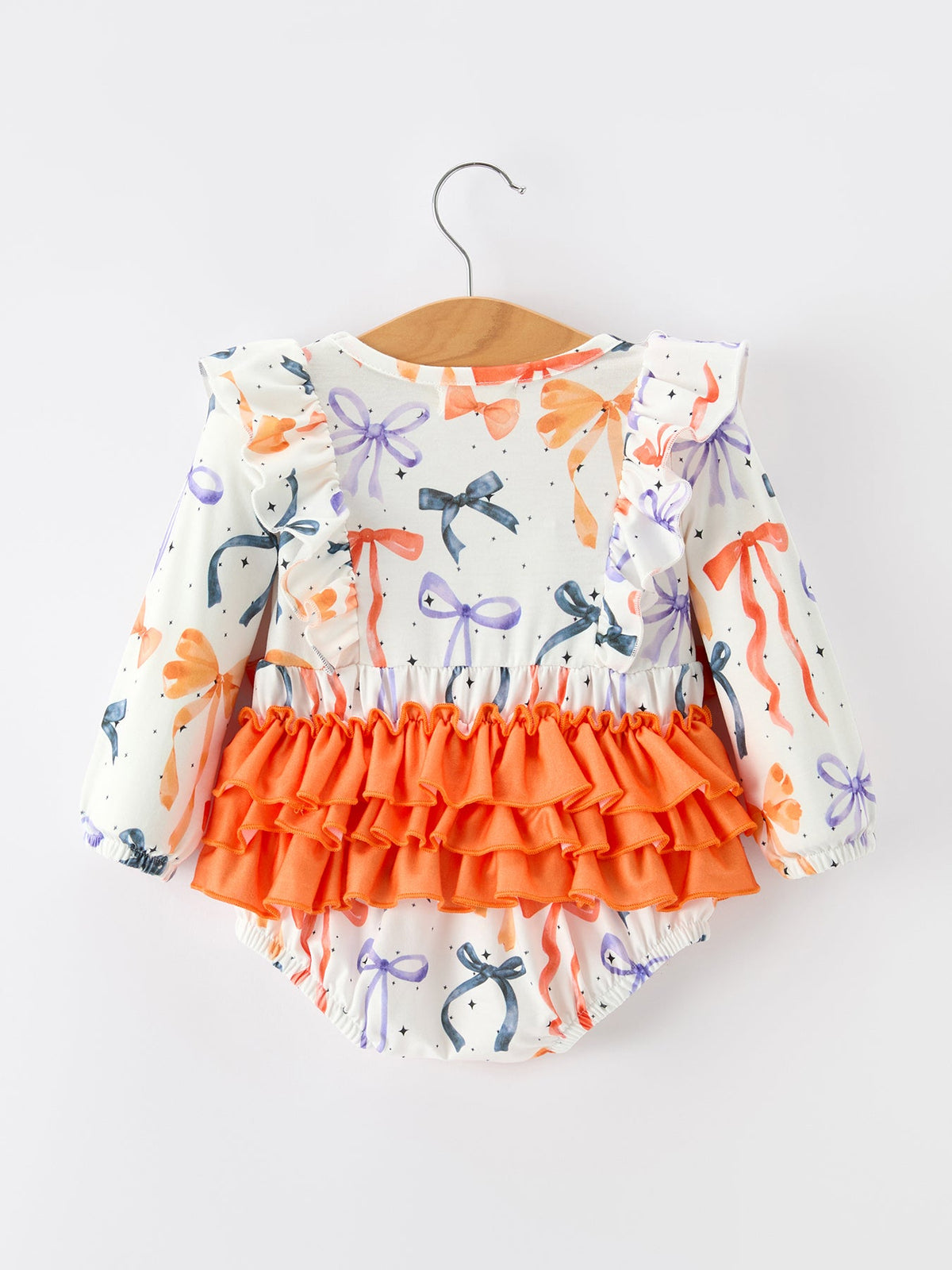 Rylee Faith Designs - Halloween Bow Print Girls Romper Ruffle Bow Long Sleeve - alternate view 7