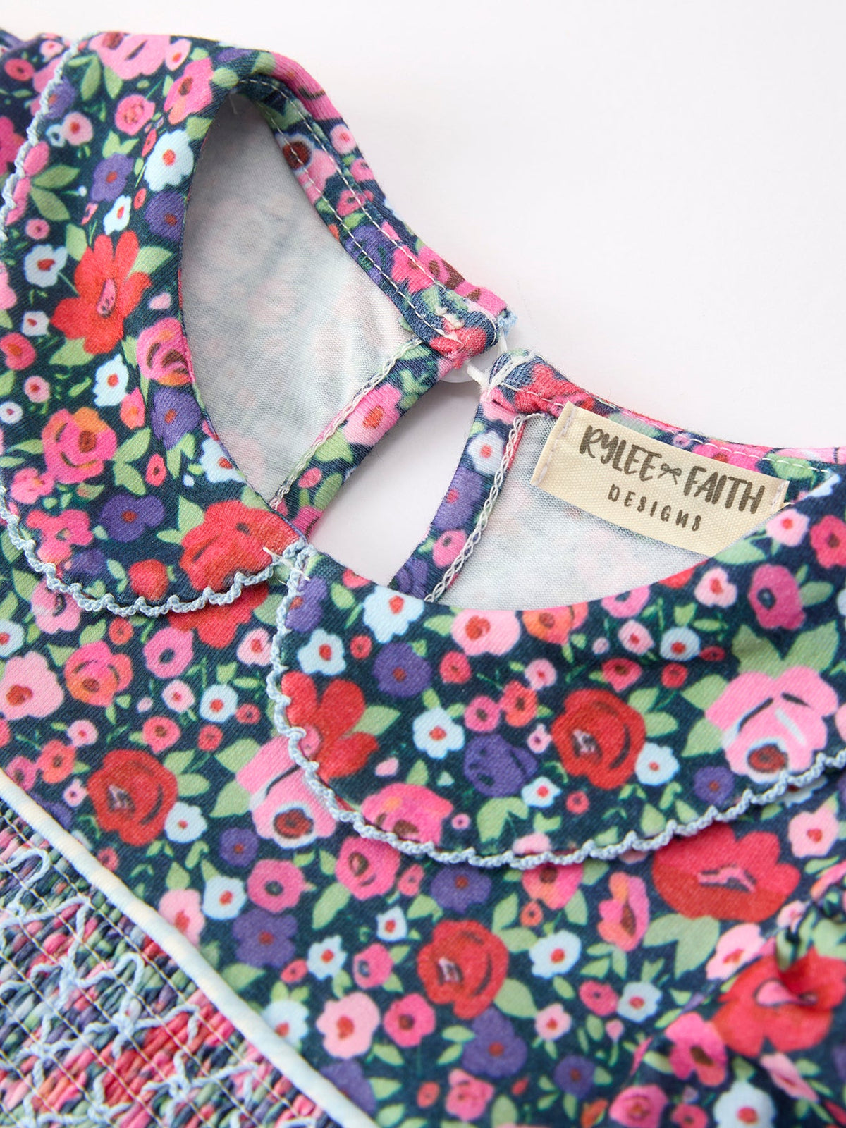 Rylee Faith Designs - Blue Bow Floral Smocked Girl Bloomer Set - alternate view 4