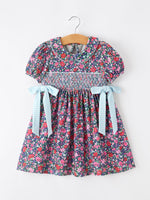 Rylee Faith Designs - Blue Bow Smocked Floral Girl Dress