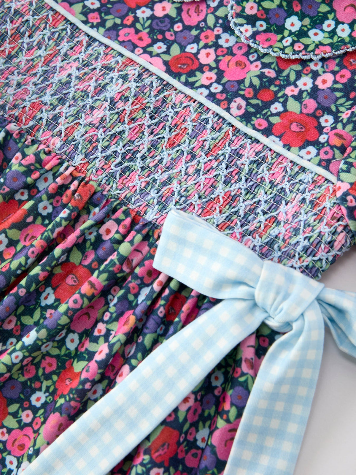 Rylee Faith Designs - Blue Bow Smocked Floral Girl Dress - alternate view 3