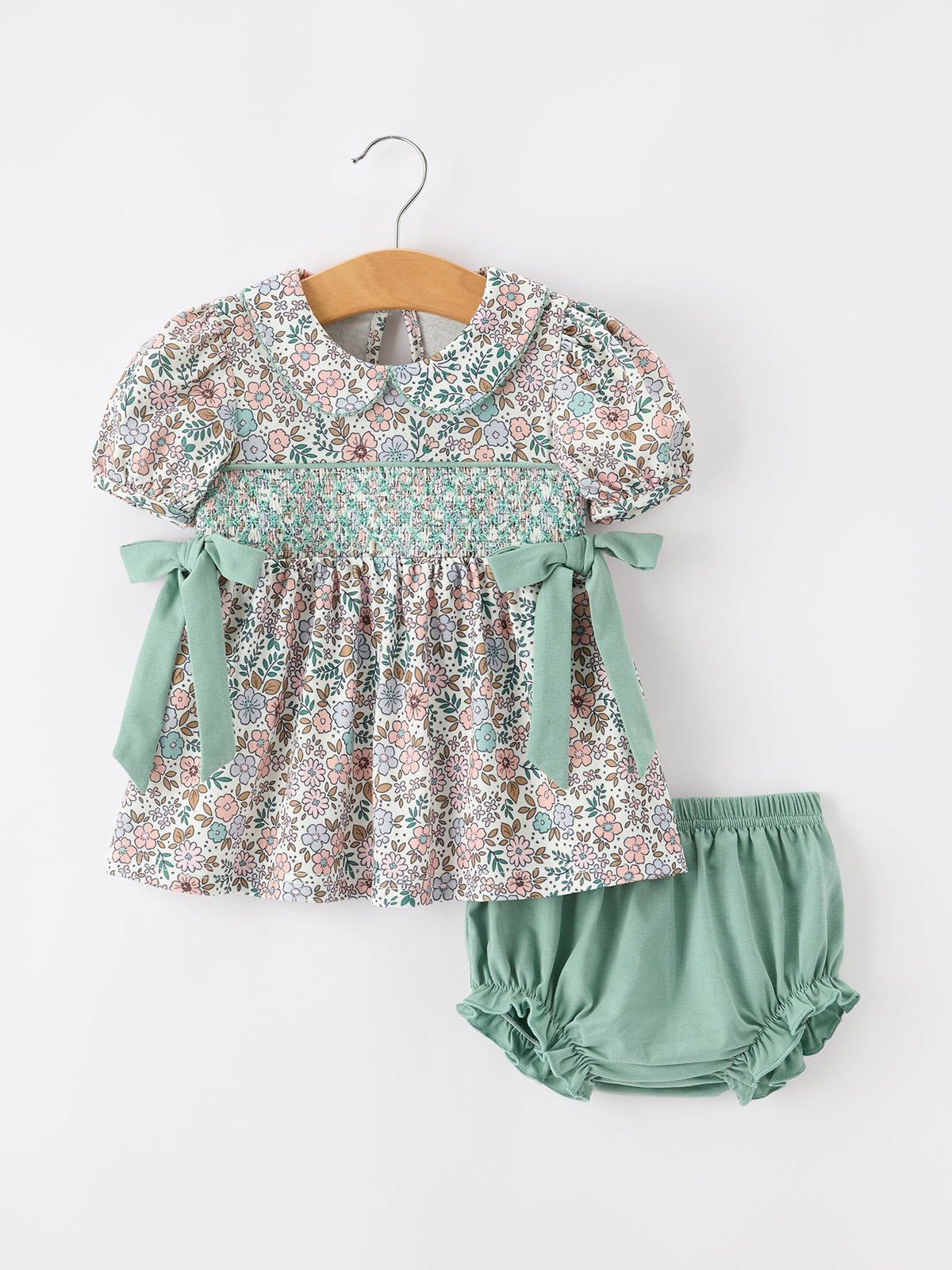 Rylee Faith Designs - Sage Green Floral Smocked Girl Bloomer Set - alternate view 7