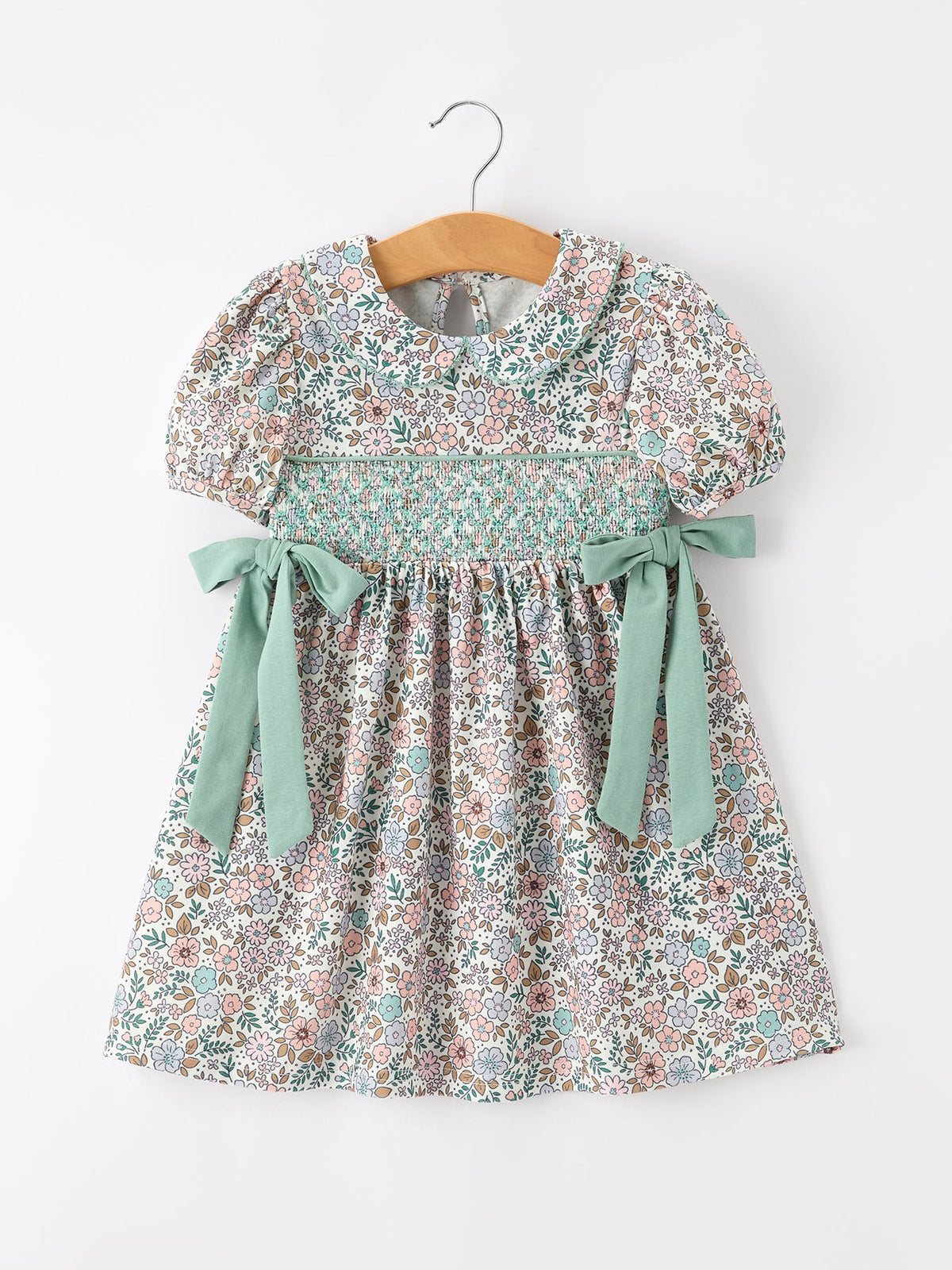 Rylee Faith Designs - Sage Green Bow Floral Smocked Girl Dress - alternate view 6