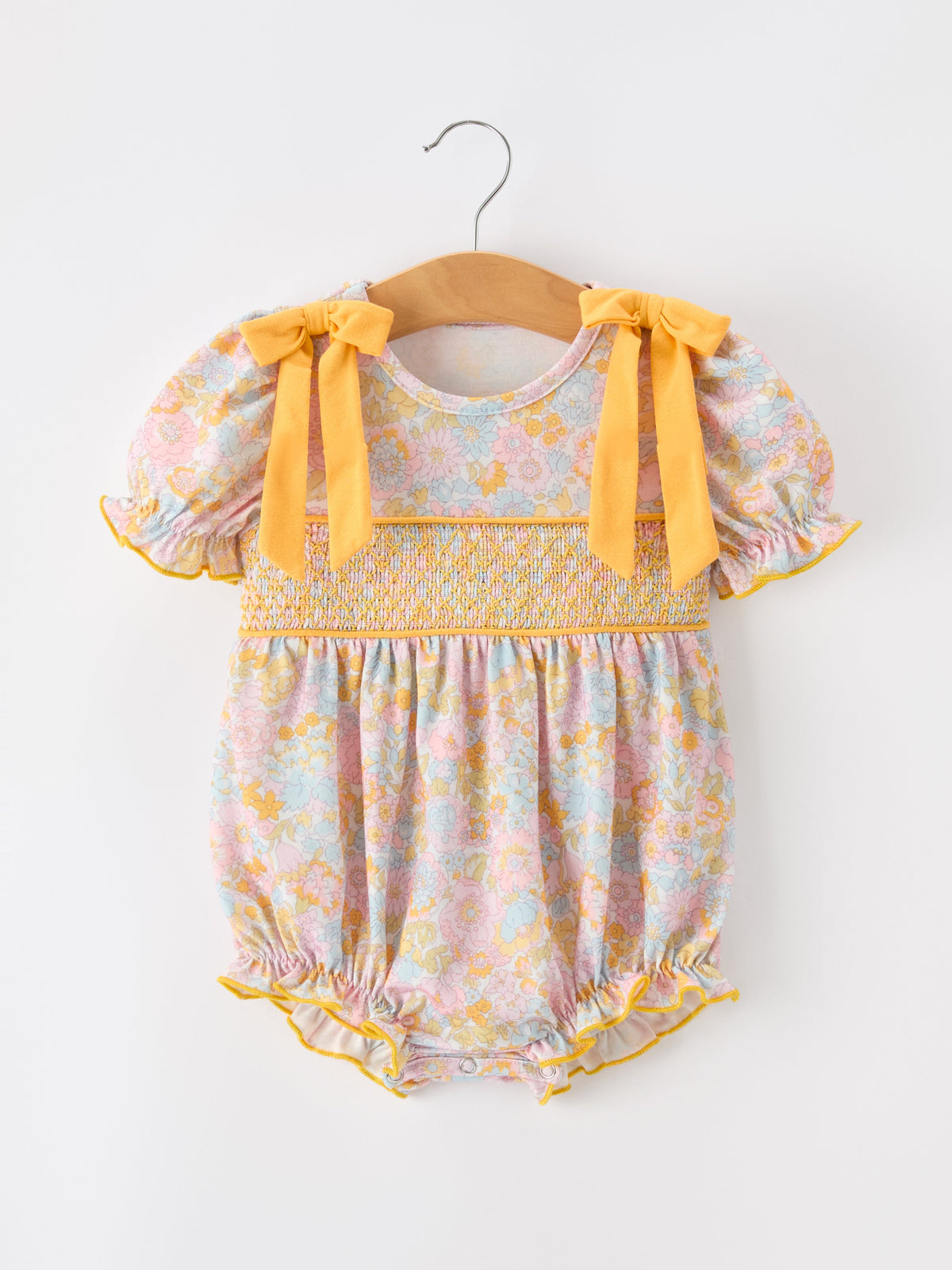 Rylee Faith Designs - Yellow Bow Smocked Floral Baby Bubble