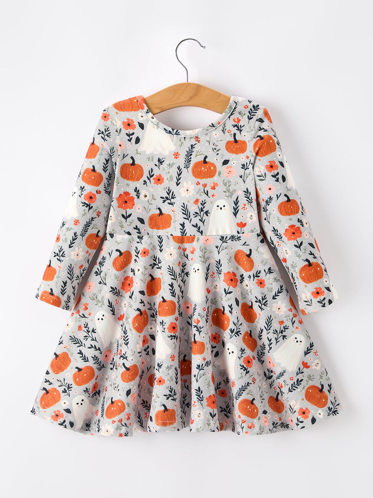 Rylee Faith Designs - Halloween Pumpkin Ghost Girls Dress Long Sleeve Twirl Dress - alternate view 8