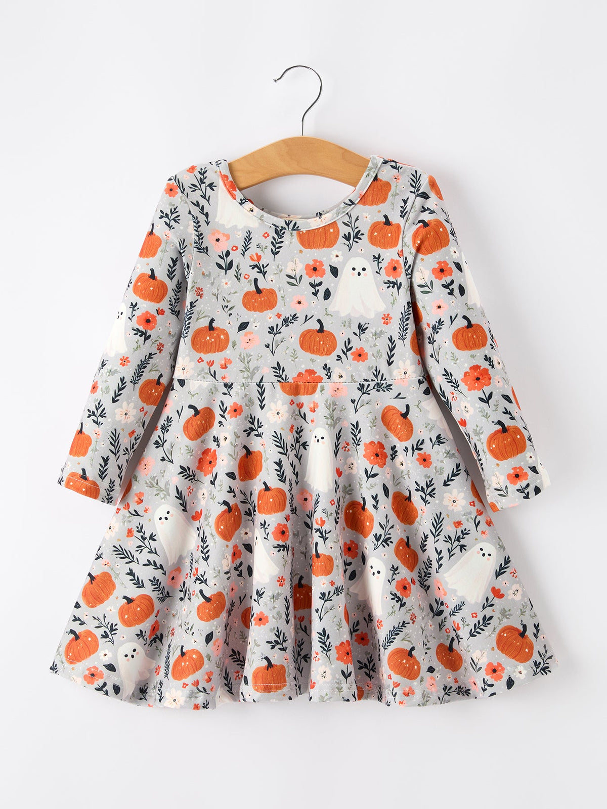 Rylee Faith Designs - Halloween Pumpkin Ghost Girls Dress Long Sleeve Twirl Dress - alternate view 7