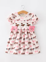 Rylee Faith Designs - Western Horse Smocked Girls Dress Bow Ruffle Short Sleeve