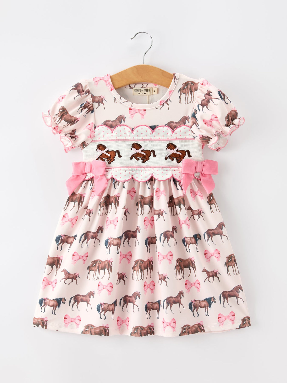 Rylee Faith Designs - Western Horse Smocked Girls Dress Bow Ruffle Short Sleeve