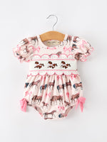 Rylee Faith Designs - Western Horse Smocked Girls Romper Bow Ruffle Short Sleeve