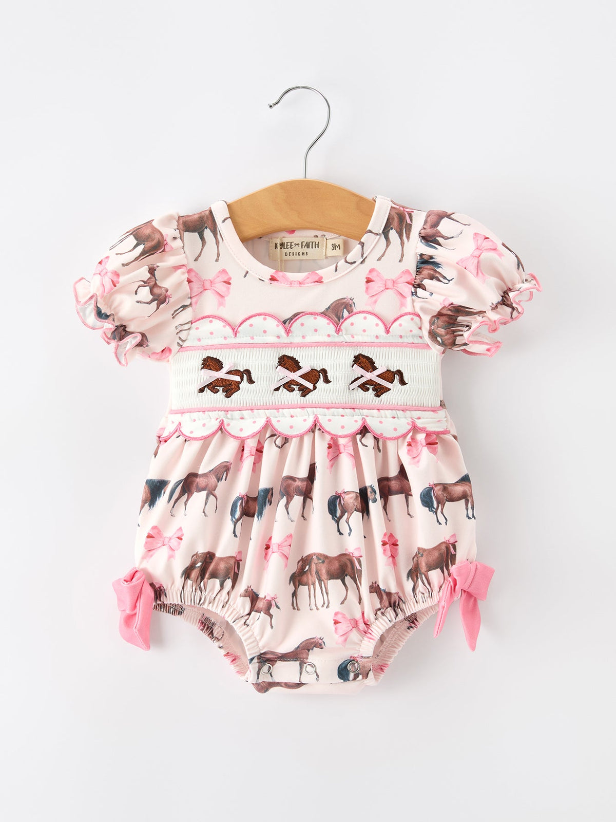 Rylee Faith Designs - Western Horse Smocked Girls Romper Bow Ruffle Short Sleeve