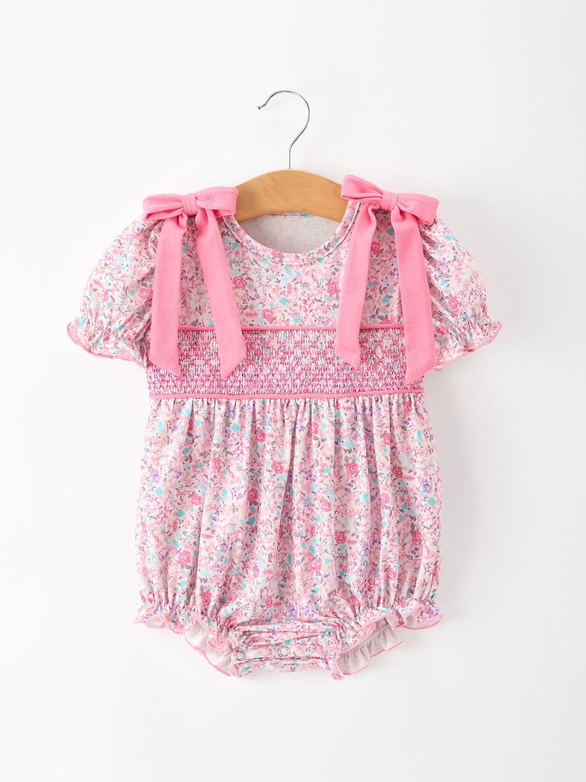 Rylee Faith Designs - Pink Bow Smocked Floral Baby Bubble