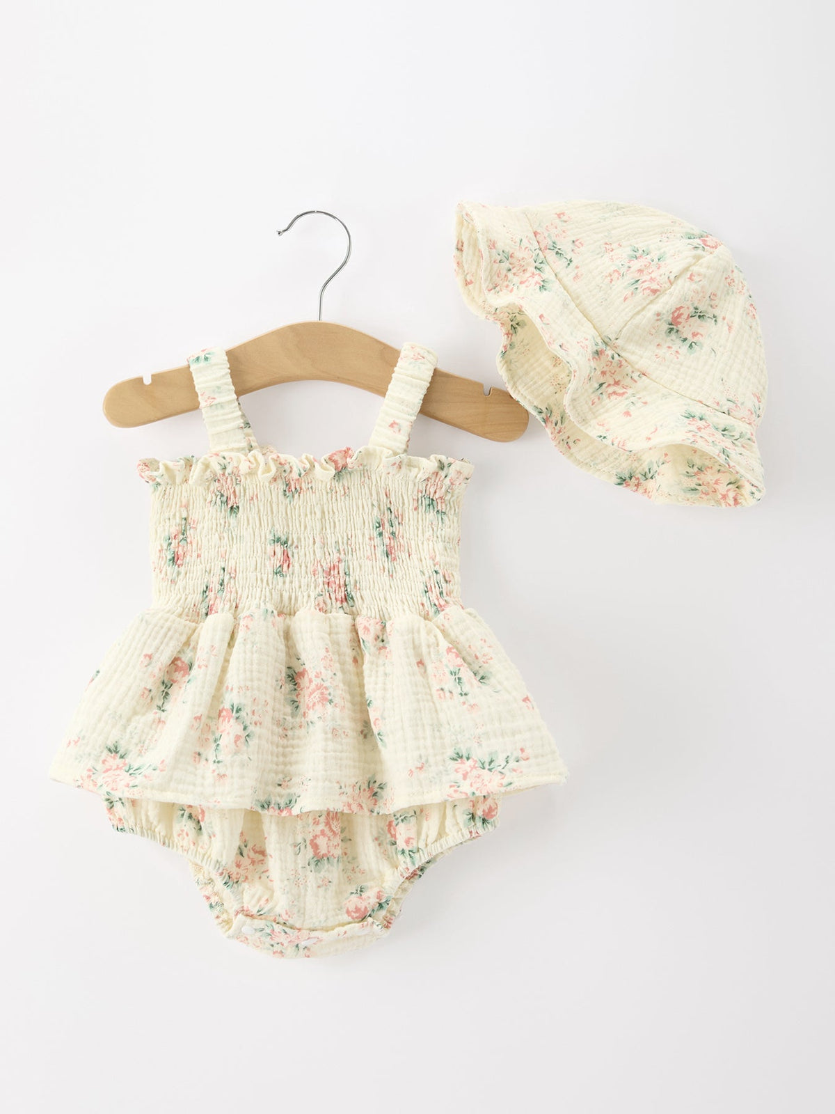 Rylee Faith Designs - Muslin Summer Floral Print Smocked Baby Girl Romper Set Hat
