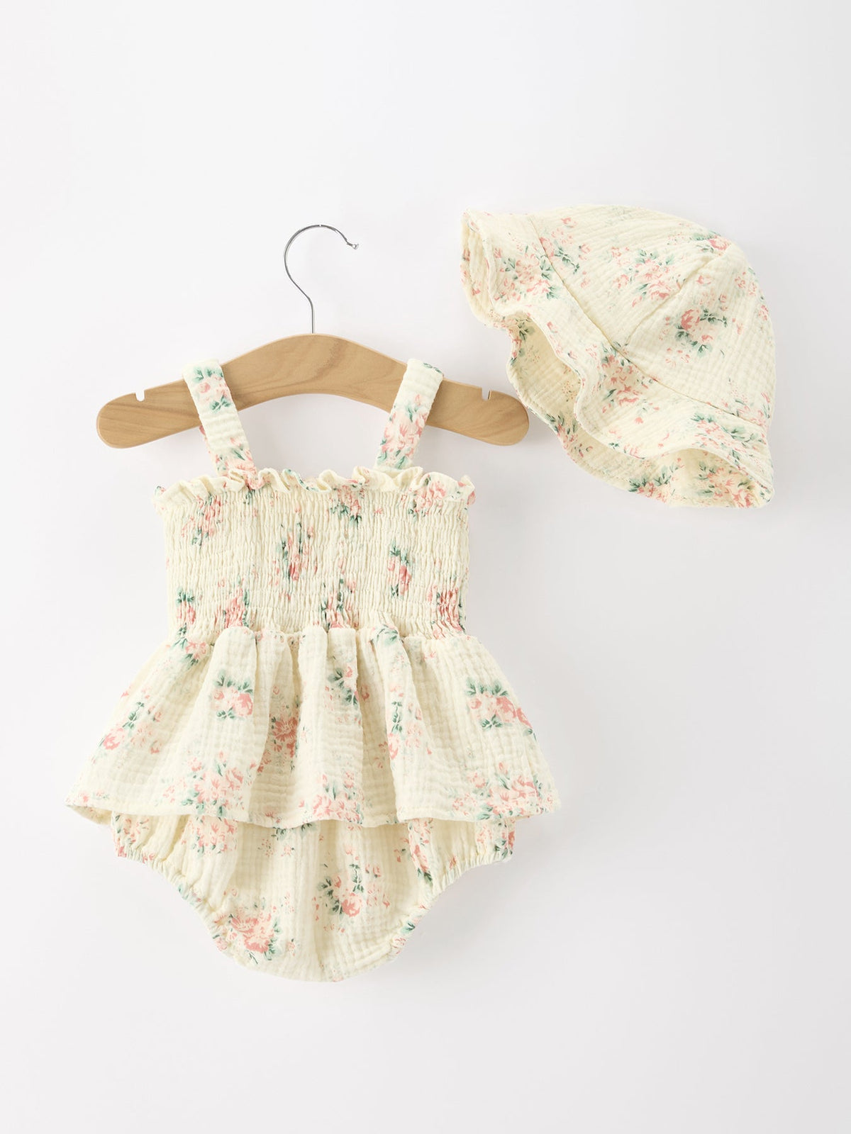 Rylee Faith Designs - Muslin Summer Floral Print Smocked Baby Girl Romper Set Hat - alternate view 2