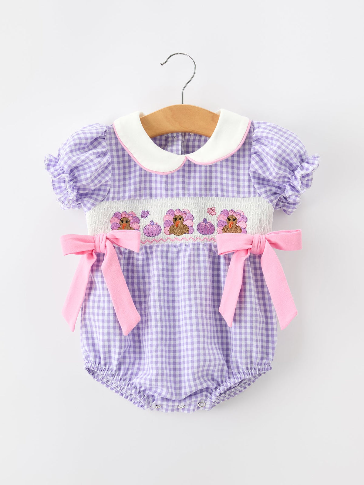 Rylee Faith Designs - Thanksgiving Turkey Smocked Plaid Bow Girls Bubble Romper