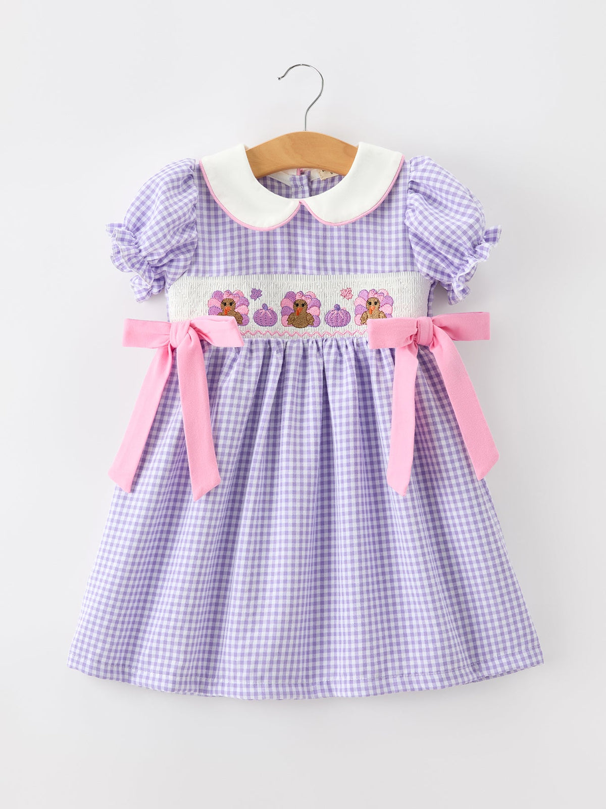 Rylee Faith Designs - Thanksgiving Turkey Smocked Plaid Bow Girls Dress