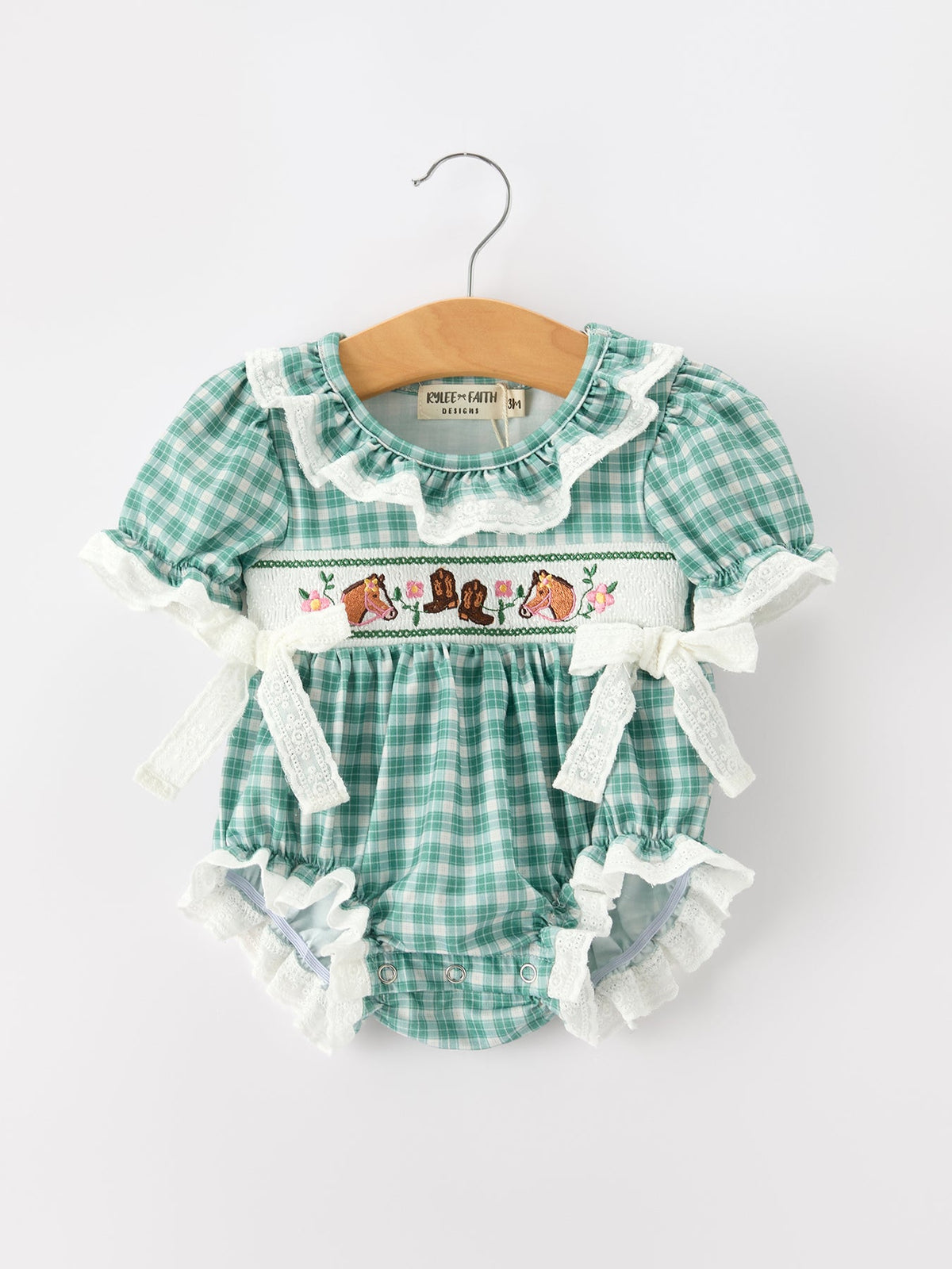 Rylee Faith Designs - Western Plaid Horse Embroidered Girl Bubble Romper - alternate view 6