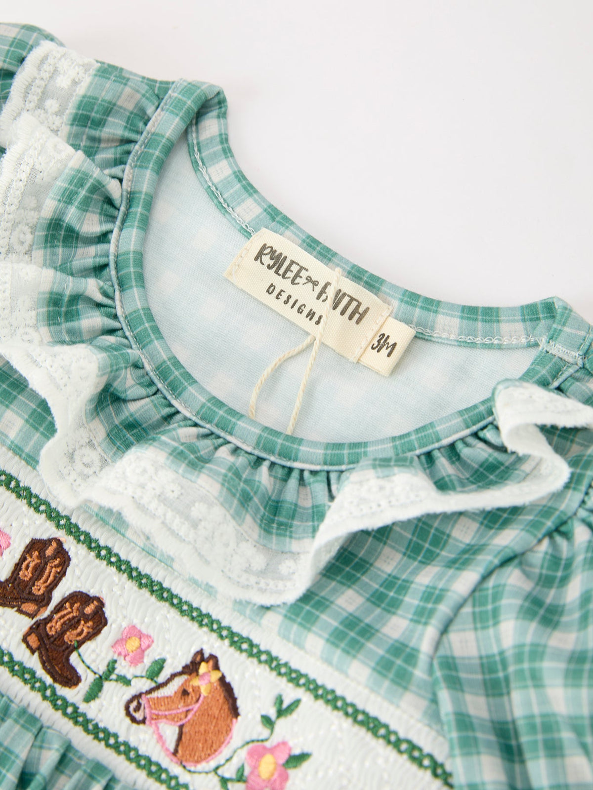 Rylee Faith Designs - Western Plaid Horse Embroidered Girl Bubble Romper - alternate view 8