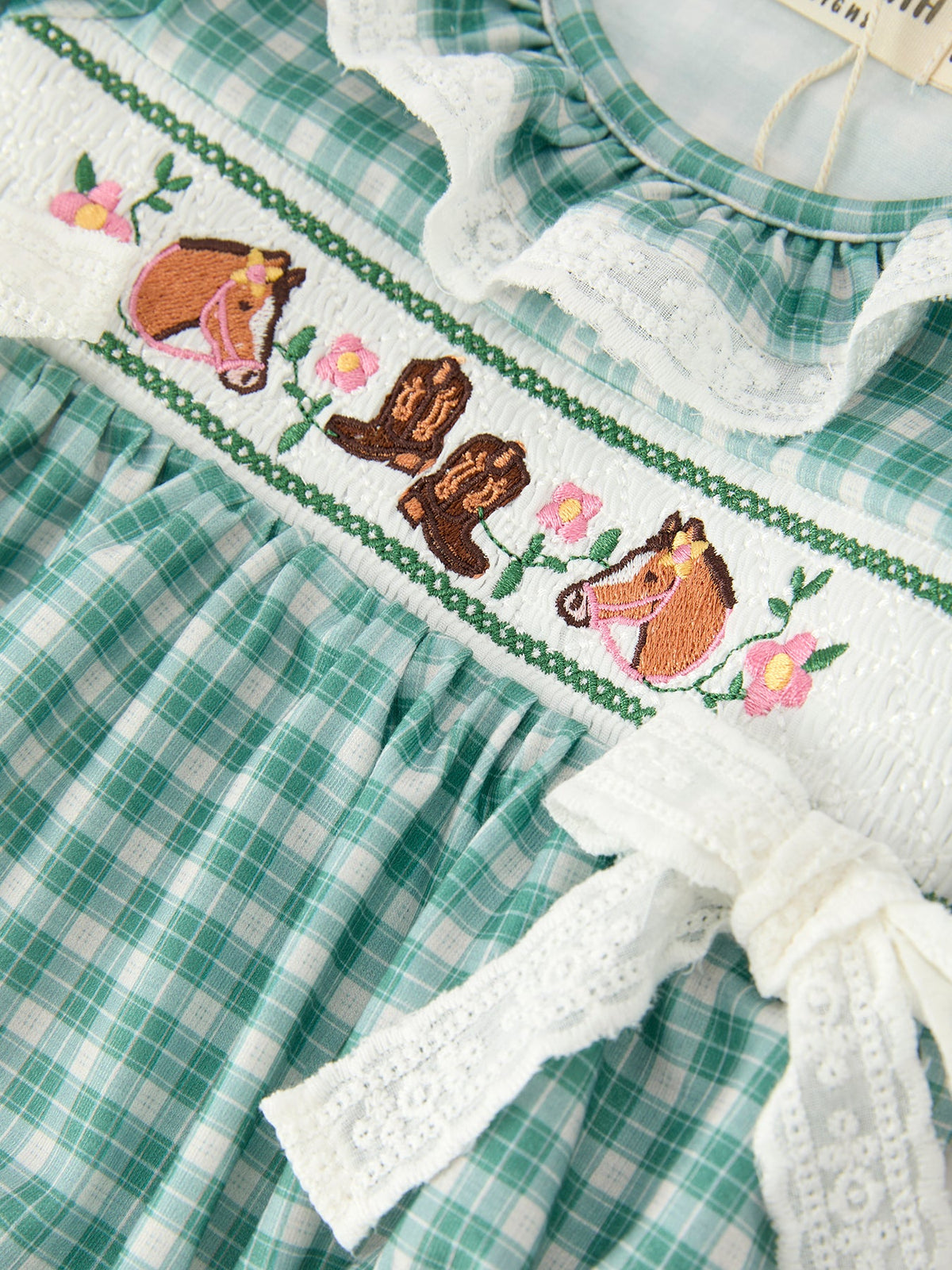 Rylee Faith Designs - Western Plaid Horse Embroidered Girl Bubble Romper - alternate view 9