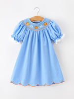Rylee Faith Designs - Blue Fall Thanksgiving&Halloween Pumpkin Smock Embroidery Lace Baby Girl Dress - alternate view 6