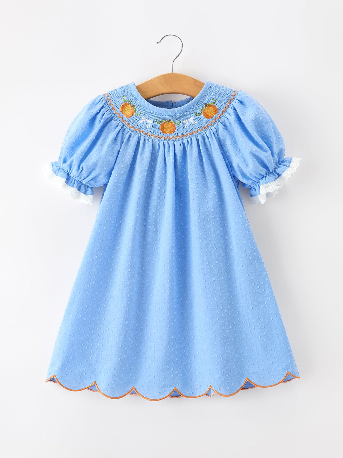 Rylee Faith Designs - Blue Fall Thanksgiving&Halloween Pumpkin Smock Embroidery Lace Baby Girl Dress - alternate view 6