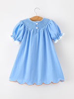 Rylee Faith Designs - Blue Fall Thanksgiving&Halloween Pumpkin Smock Embroidery Lace Baby Girl Dress - alternate view 7